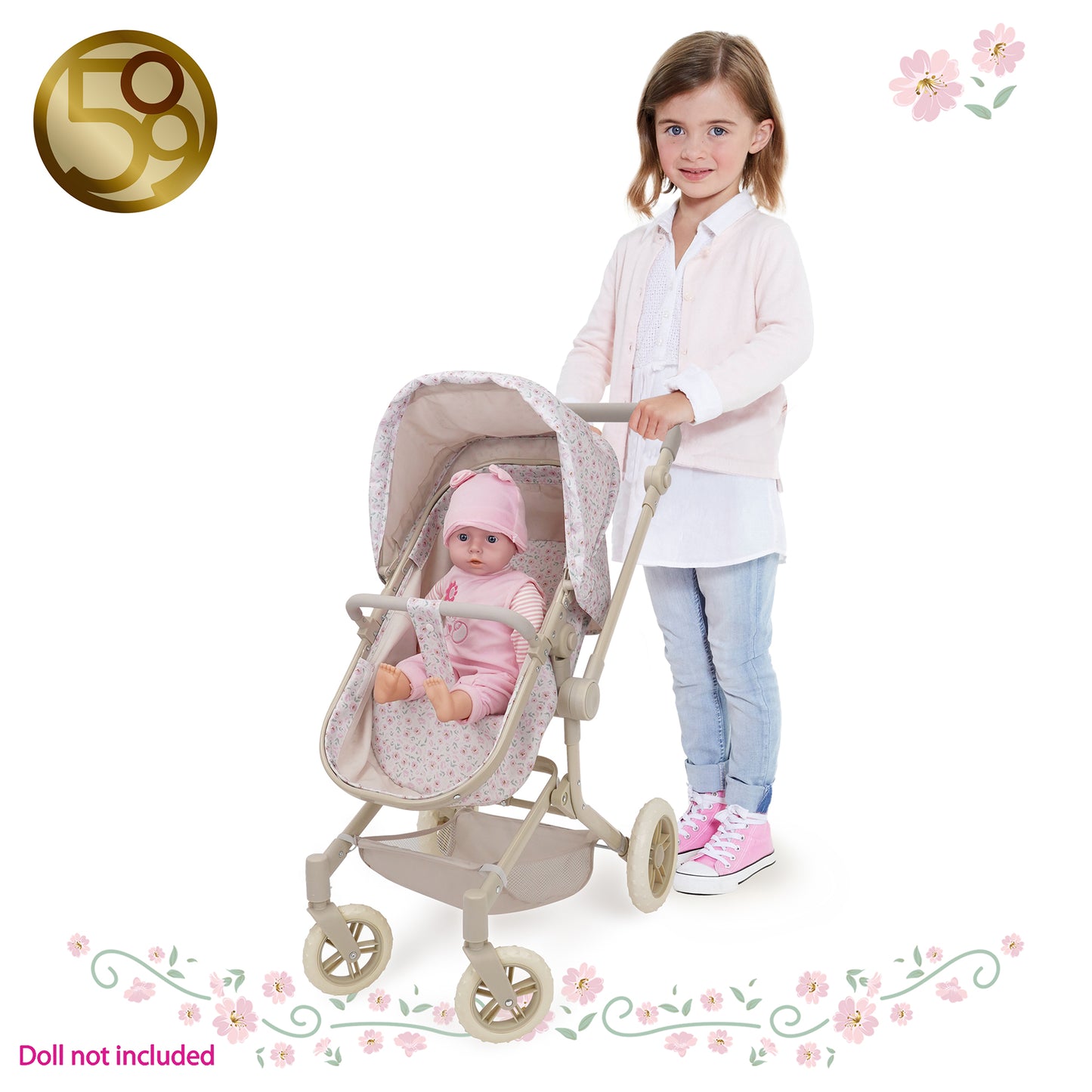 509 Crew Little Flora 2-in-1 pink doll pram stroller with girl pushing it