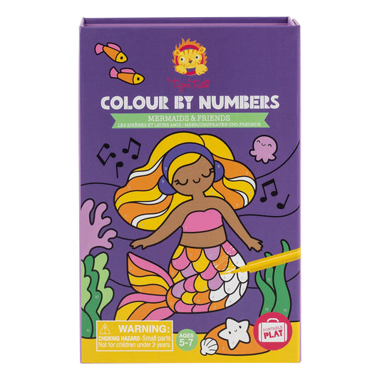 Tiger Tribe Mermaids & Friends Color by Numbers activity set box featuring a mermaid character with yellow and orange hair wearing headphones, surrounded by fis