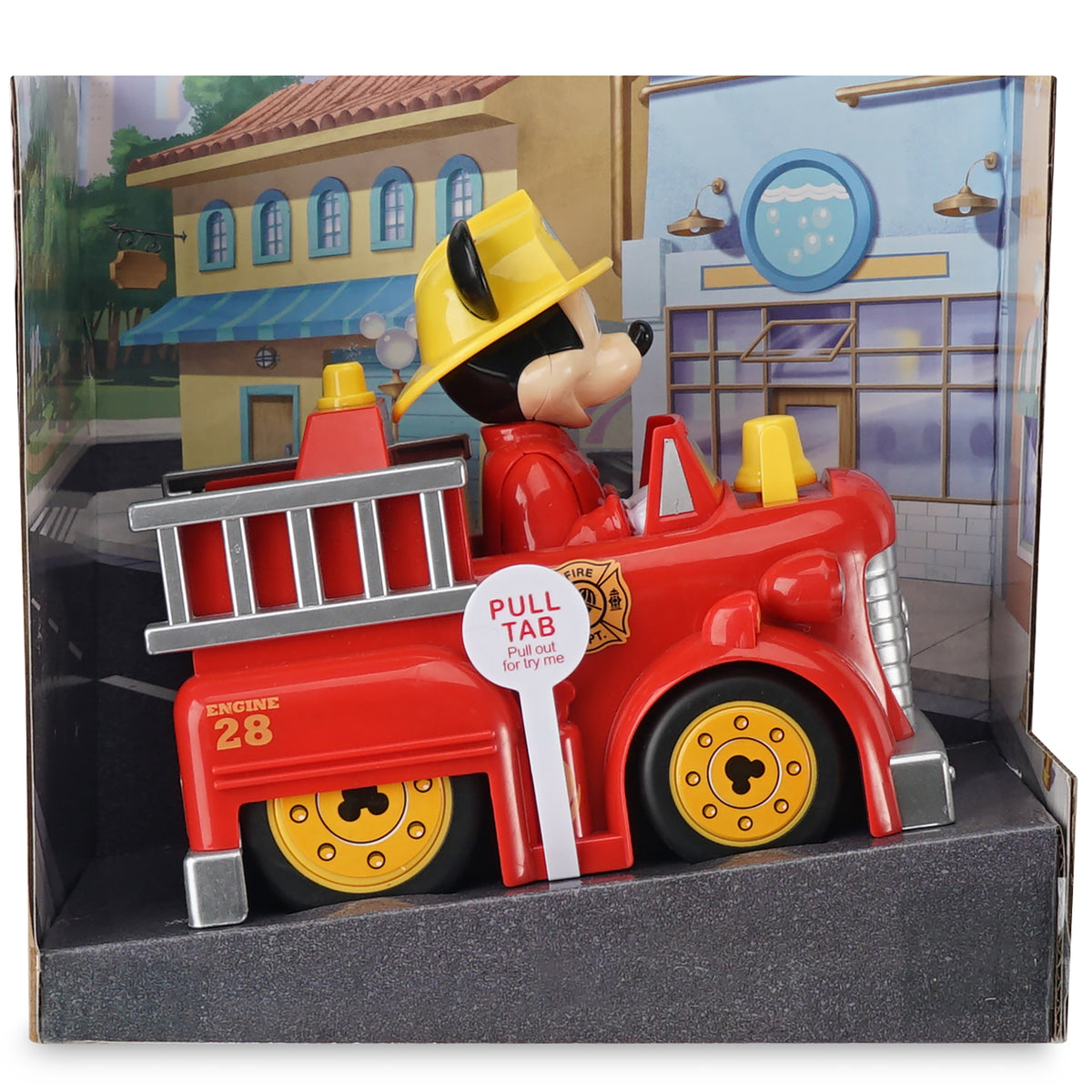 Disney Junior Mickey Mouse red firetruck toy with yellow wheels and firefighter character, press-n-go action vehicle