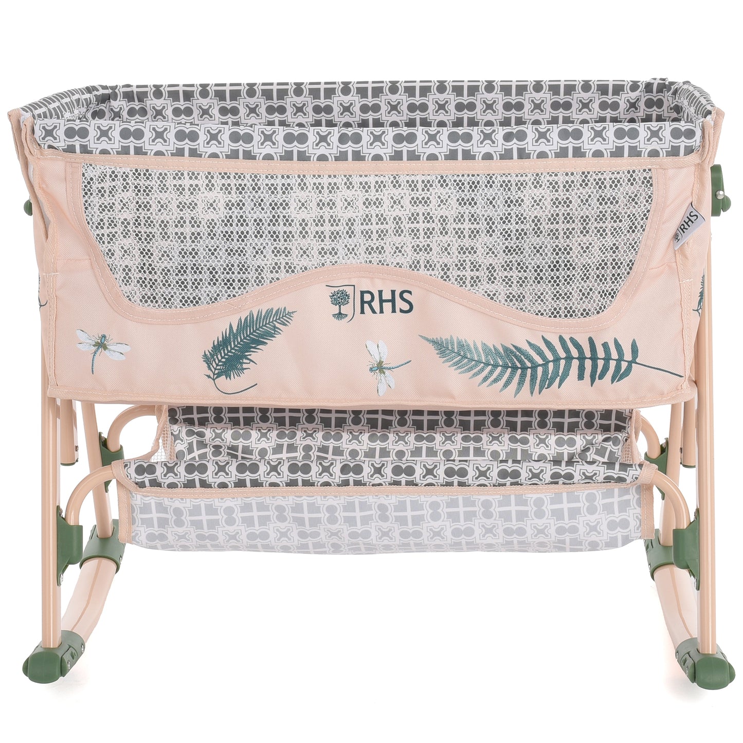 Roma RHS Bedside Crib in Fern with pink frame, fern leaf design, and mesh viewing panel