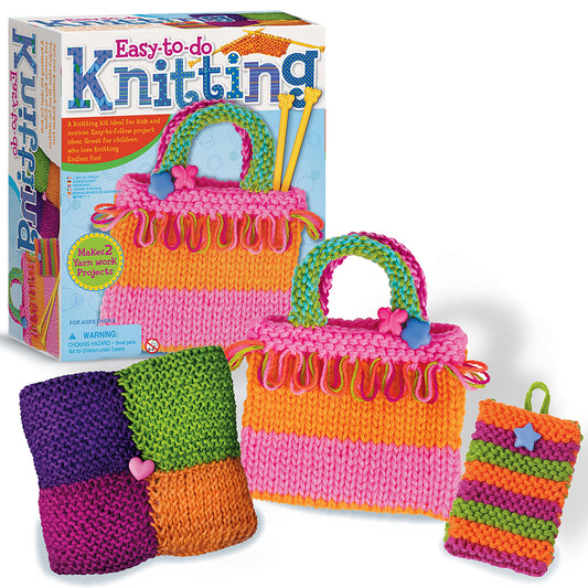 Easy-To-Do Knitting Kit with colorful knitted bags and accessories in pink, orange, green, and purple