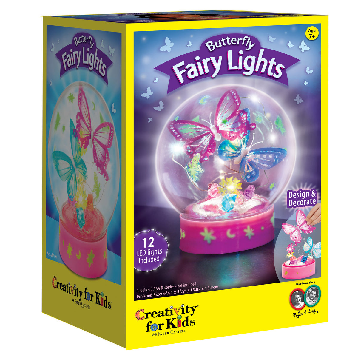 Butterfly Fairy Lights craft kit box showing illuminated globe with colorful butterflies and design-and-decorate features, includes 12 LED lights