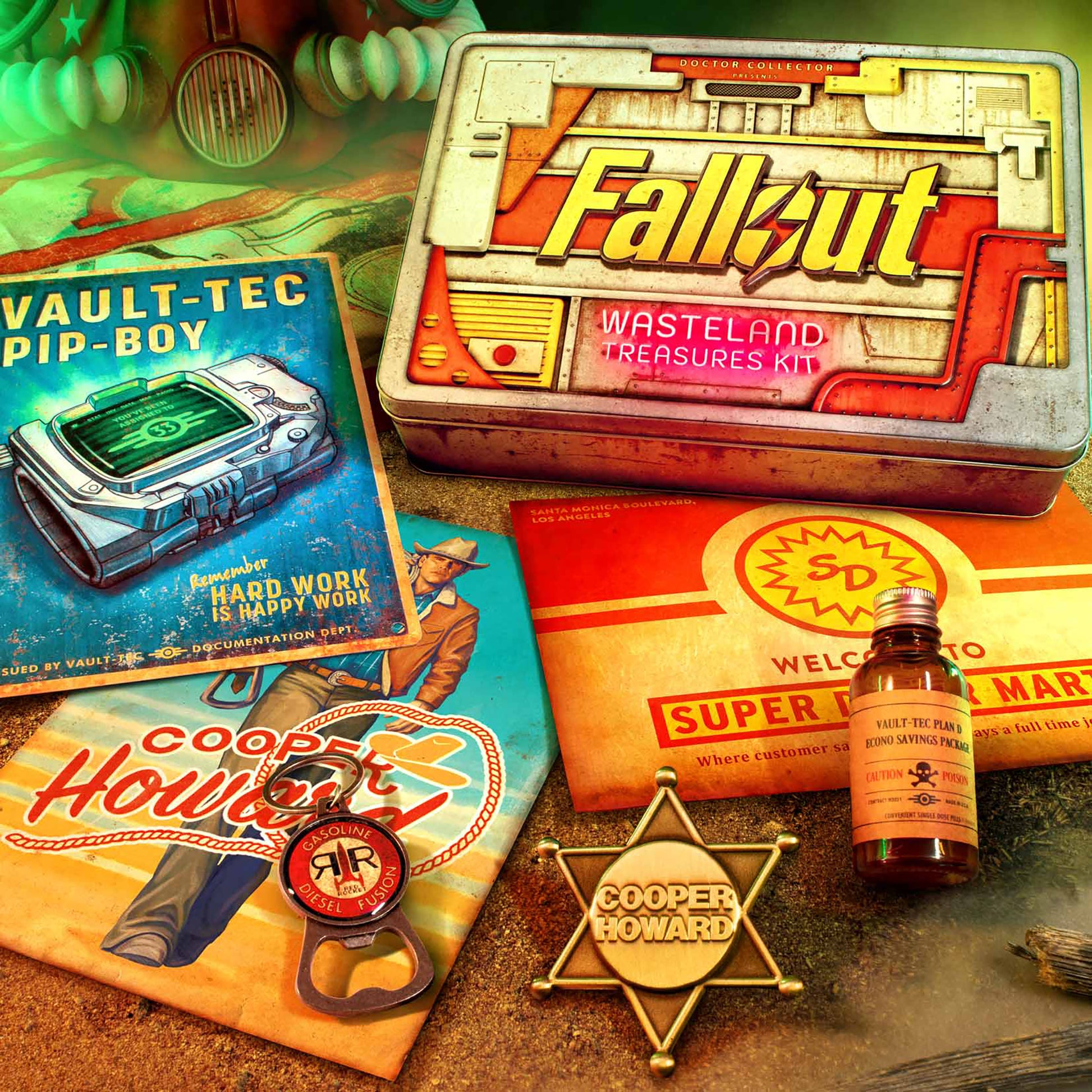 Fallout Wasteland Treasures Kit with collectible tin, Pip-Boy manual, Cooper Howard badge, and vintage accessories