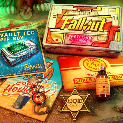 Fallout Wasteland Treasures Kit with collectible tin, Pip-Boy manual, Cooper Howard badge, and vintage accessories