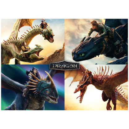 How to Train Your Dragon 600pc Puzzle featuring four dragon scenes in vibrant colors