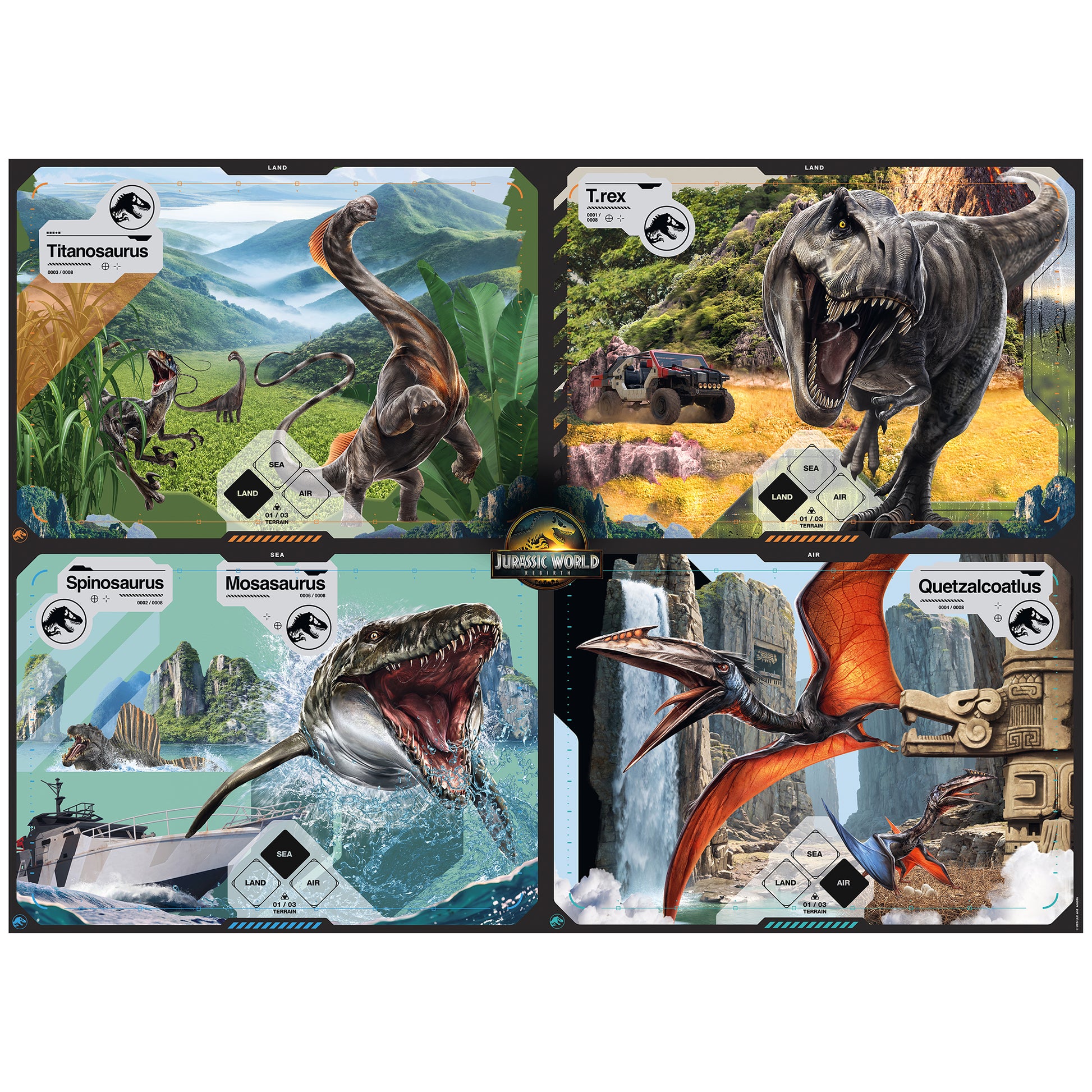 Jurassic World Rebirth 1000pc puzzle featuring Titanosaurus, T.rex, Spinosaurus, Mosasaurus, and Quetzalcoatlus dinos...