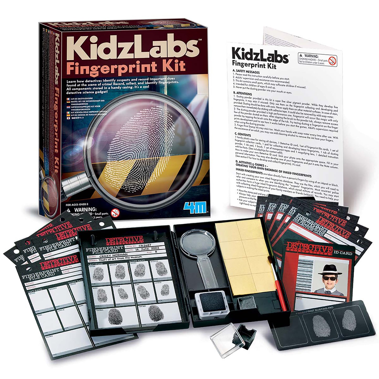 KidzLabs Fingerprint Kit with magnifying glass, detective cards, and ink pad for forensic science experiments