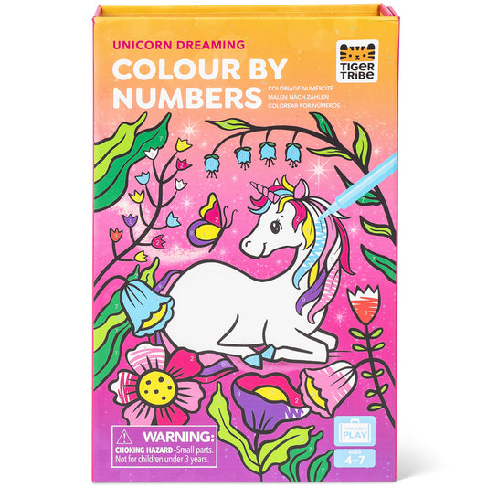Tiger Tribe Unicorn Dreaming Color by Numbers activity set with pink background, unicorn illustration, and colorful f...