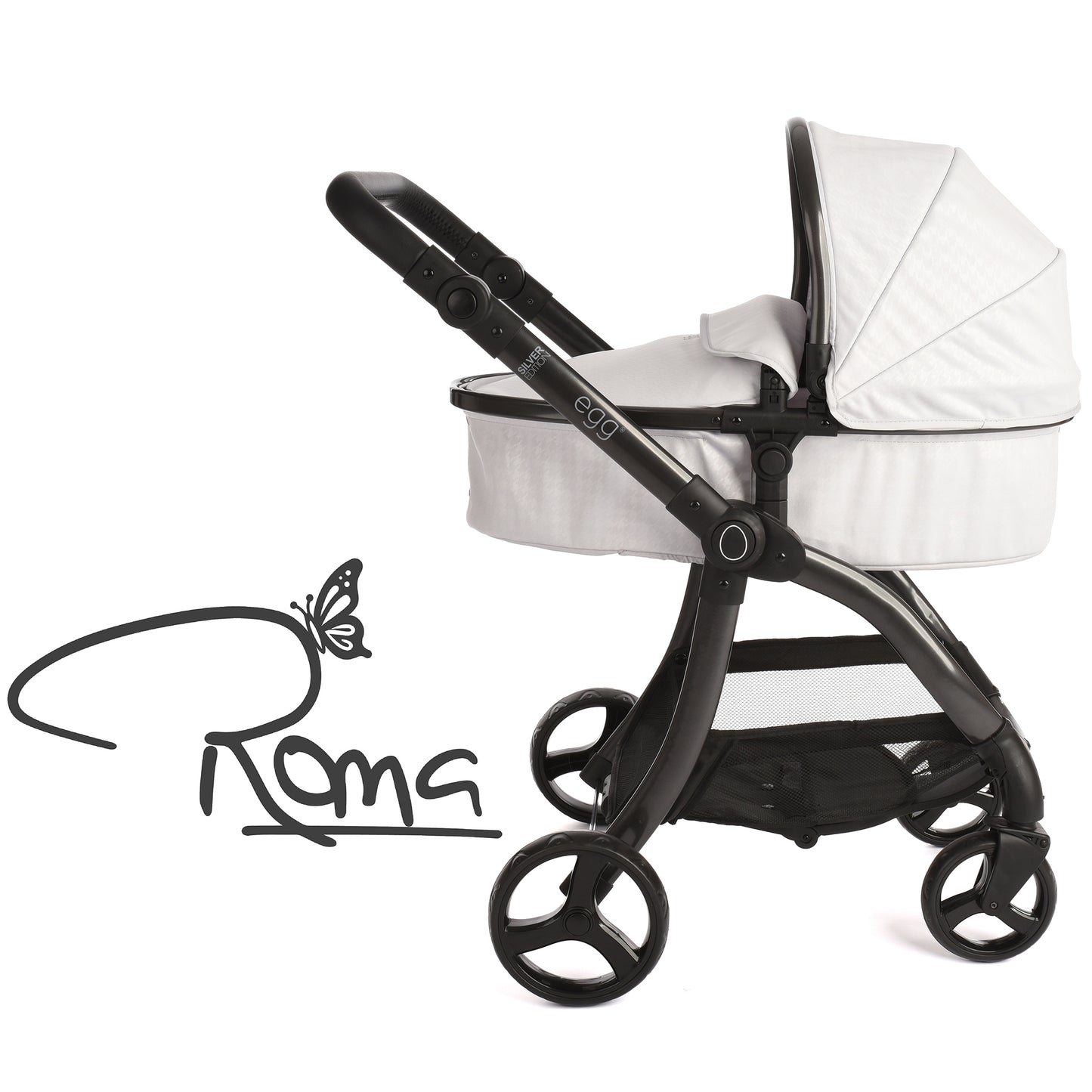 Roma Egg Doll Pram in white and black with butterfly logo design