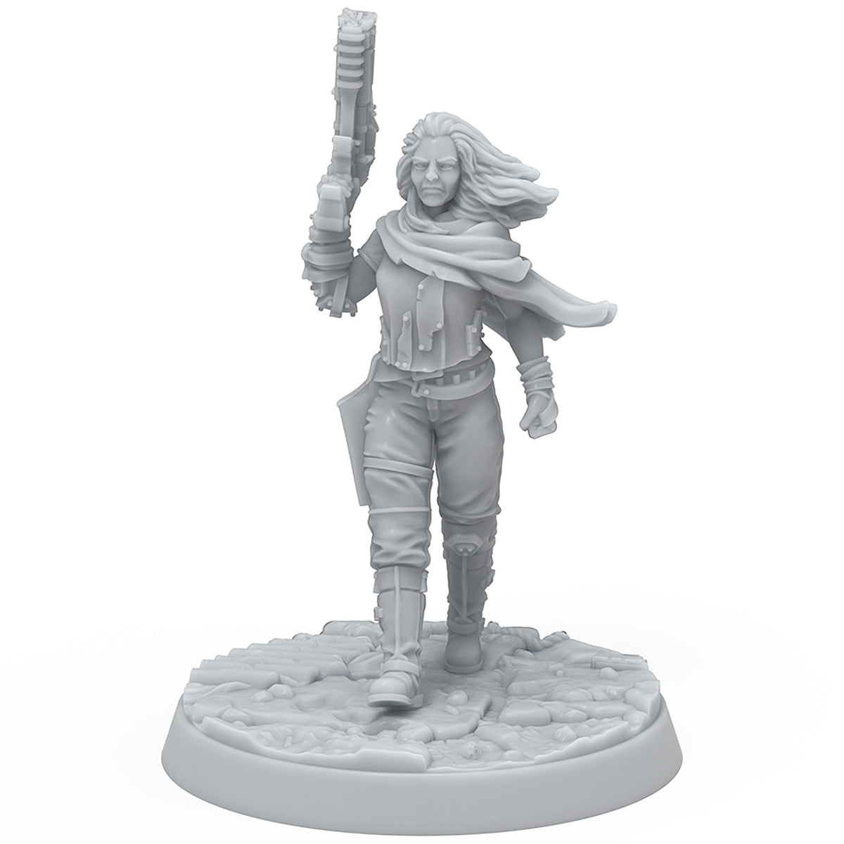 Fallout: Miniatures - Hollywood Icons female character figure with long hair, cape, and futuristic weapon on scenic base