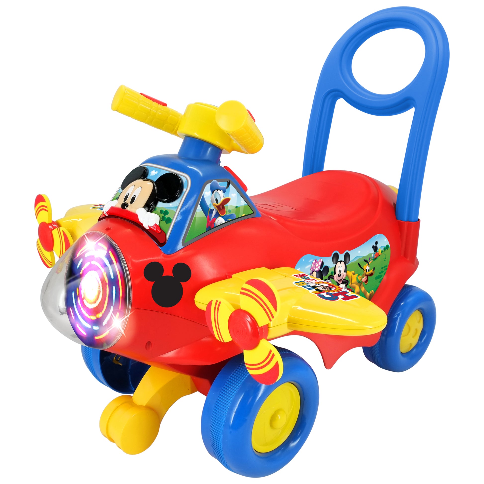Activity Plane Ride-On Mickey red and blue toy plane with yellow wheels and light-up features