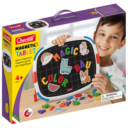 Quercetti Magnetic Tablet with colorful letters and animal magnets on black grid board, modeled by a child holding the tablet with blue and red handles