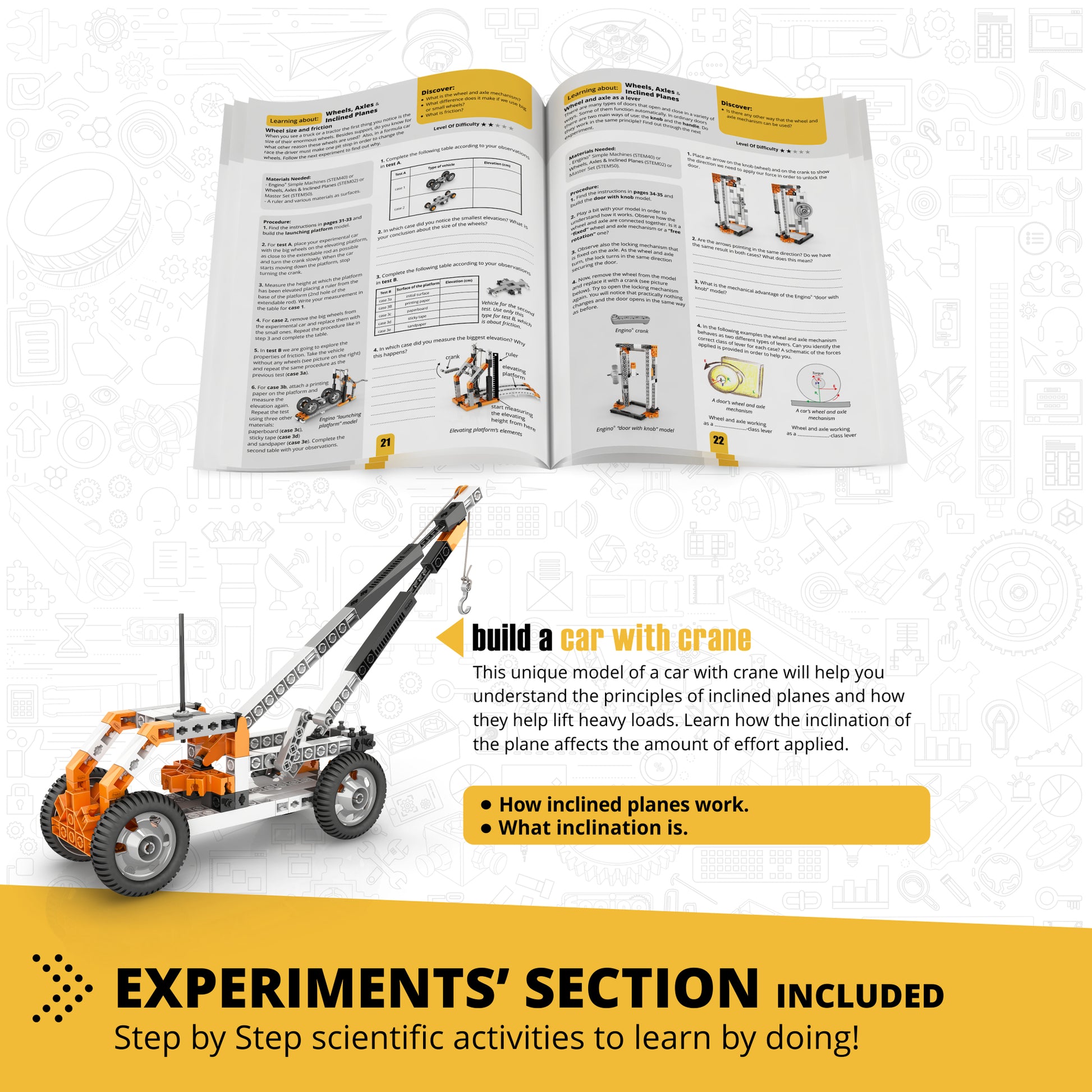 Engino Discovering STEM Mechanics building set with orange and black car with crane model and instruction manual