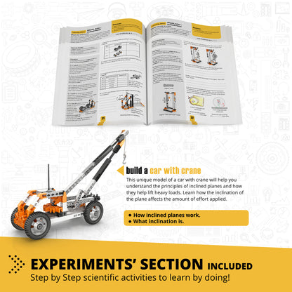 Engino Discovering STEM Mechanics building set with orange and black car with crane model and instruction manual