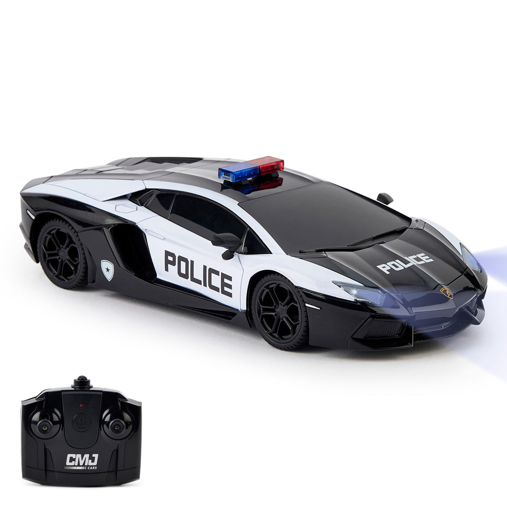 Black and white Lamborghini Aventador police car model with opening door, red and blue light bar on roof, shown with black remote control