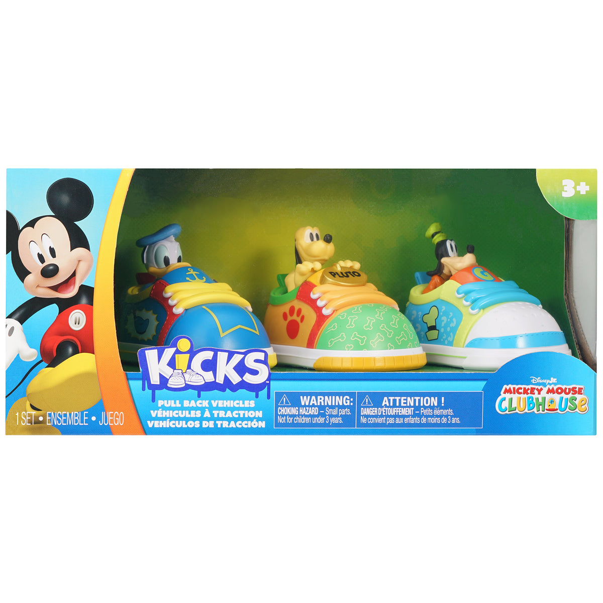 Disney Jr. Kicks Pull-Back Vehicles 3-pack with Donald Duck, Goofy, and Pluto shoe-shaped friction cars