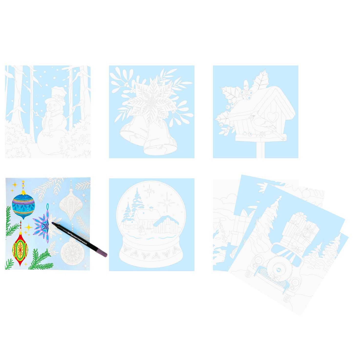 Vivid By Brea Reese Christmas Tree Marker Coloring Kit with 6 winter-themed coloring pages and 3 erasable markers