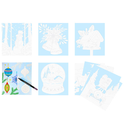 Vivid By Brea Reese Christmas Tree Marker Coloring Kit with 6 winter-themed coloring pages and 3 erasable markers