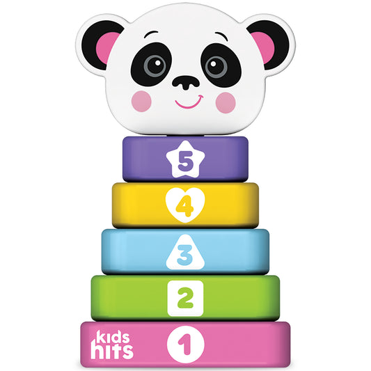 Kids Hits Stack & Play Panda wooden stacking toy with numbered rings 1-5 in pink, green, blue, yellow, and purple