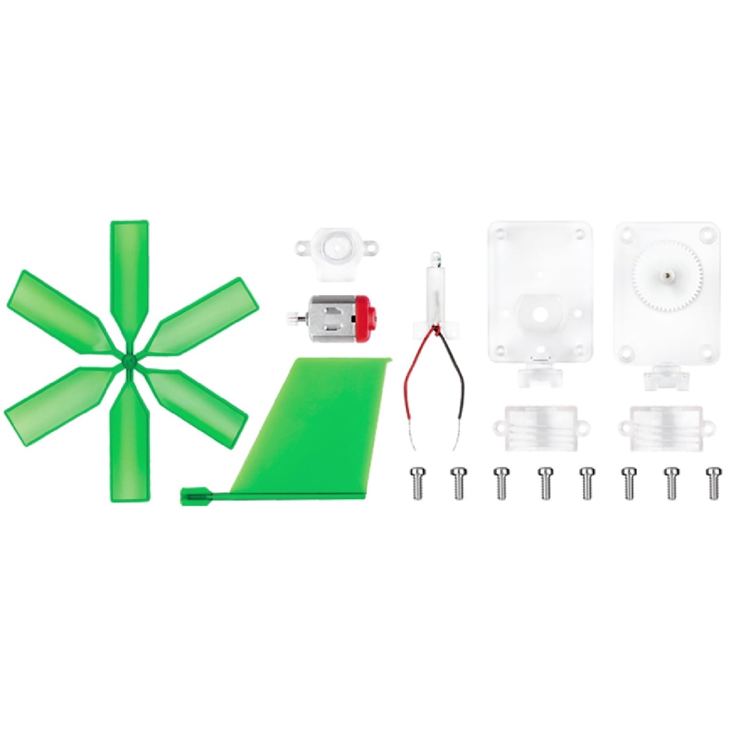 Green Science Windmill Generator kit with green blades, motor, and assembly components