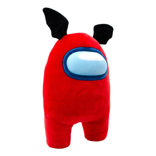 Red plush character with black bat wings, light blue oval window on chest, and stubby legs against white background