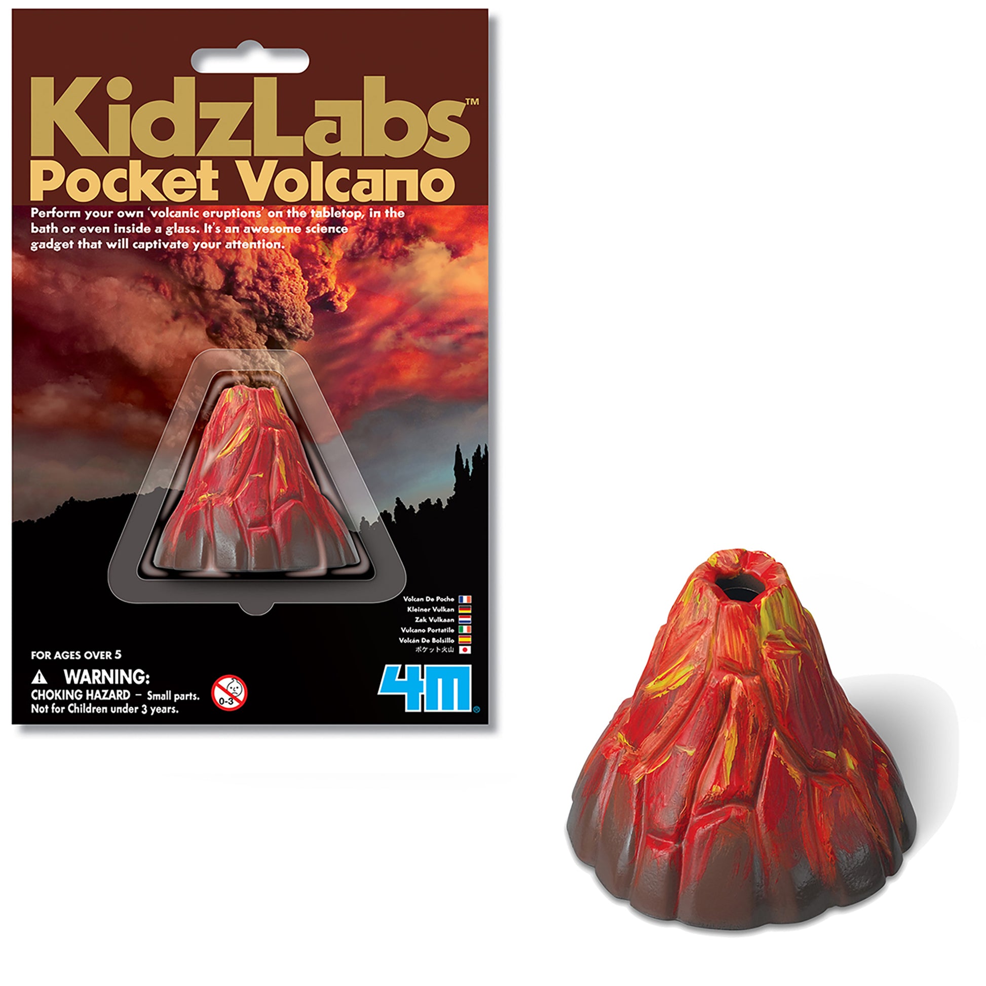 KidzLabs Pocket Volcano science kit packaging and red volcano model with yellow lava details