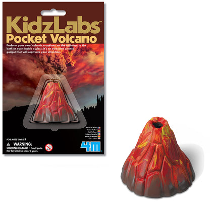 KidzLabs Pocket Volcano science kit packaging and red volcano model with yellow lava details