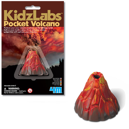 KidzLabs Pocket Volcano science kit packaging and red volcano model with yellow lava details