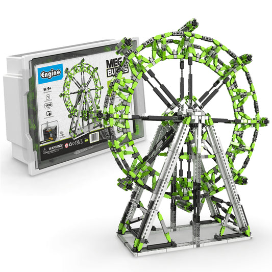Engino Mega Builds London Eye motorized building set with lime green and black plastic pieces, displayed next to its retail box packaging