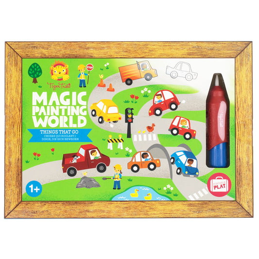 Tiger Tribe Magic Painting World Things That Go set in wooden frame, showing illustrated street scene with cars, trucks, traffic light, and characters, includes