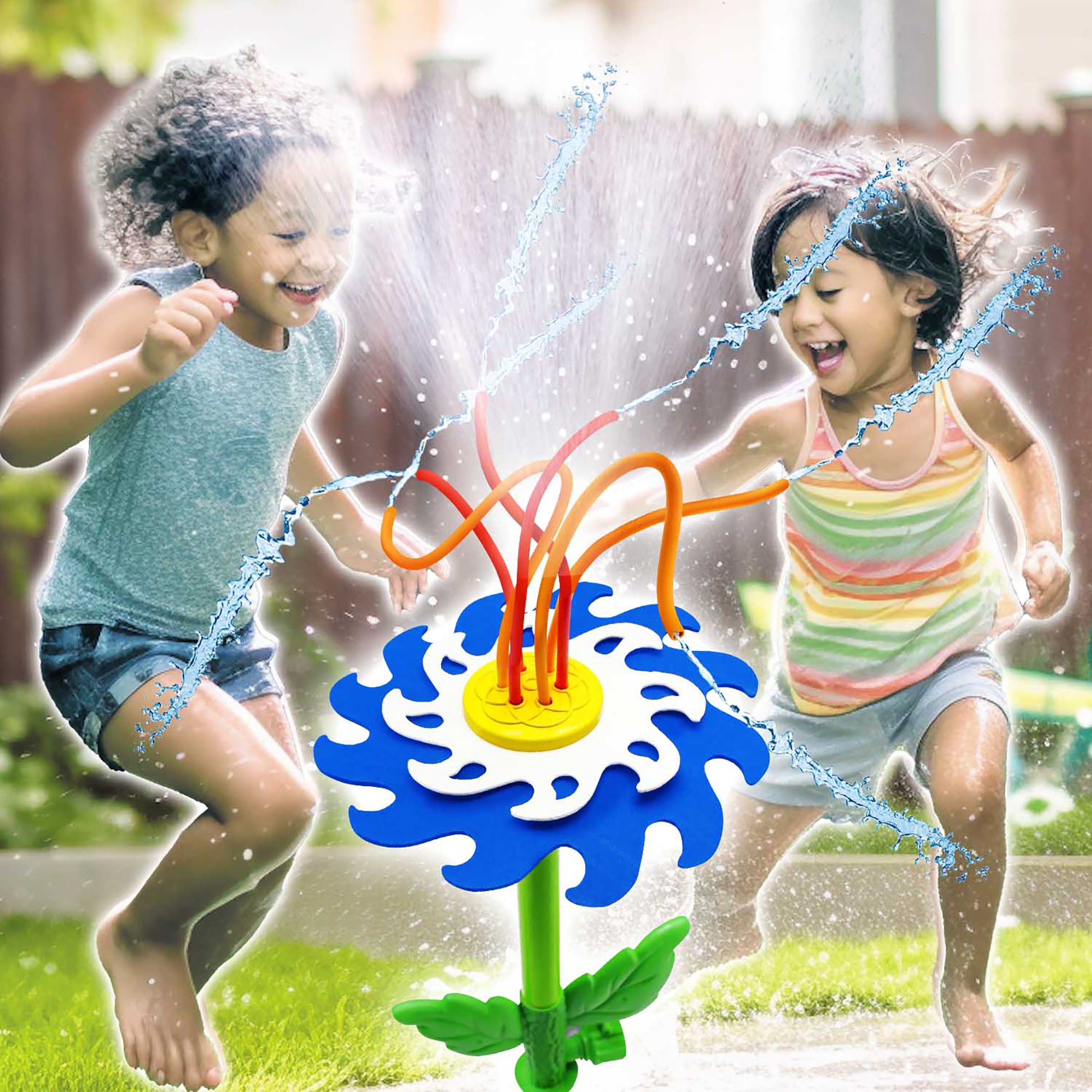Whip Splash Sprinkler with blue flower base, yellow center, and orange whip arms spraying water as children play