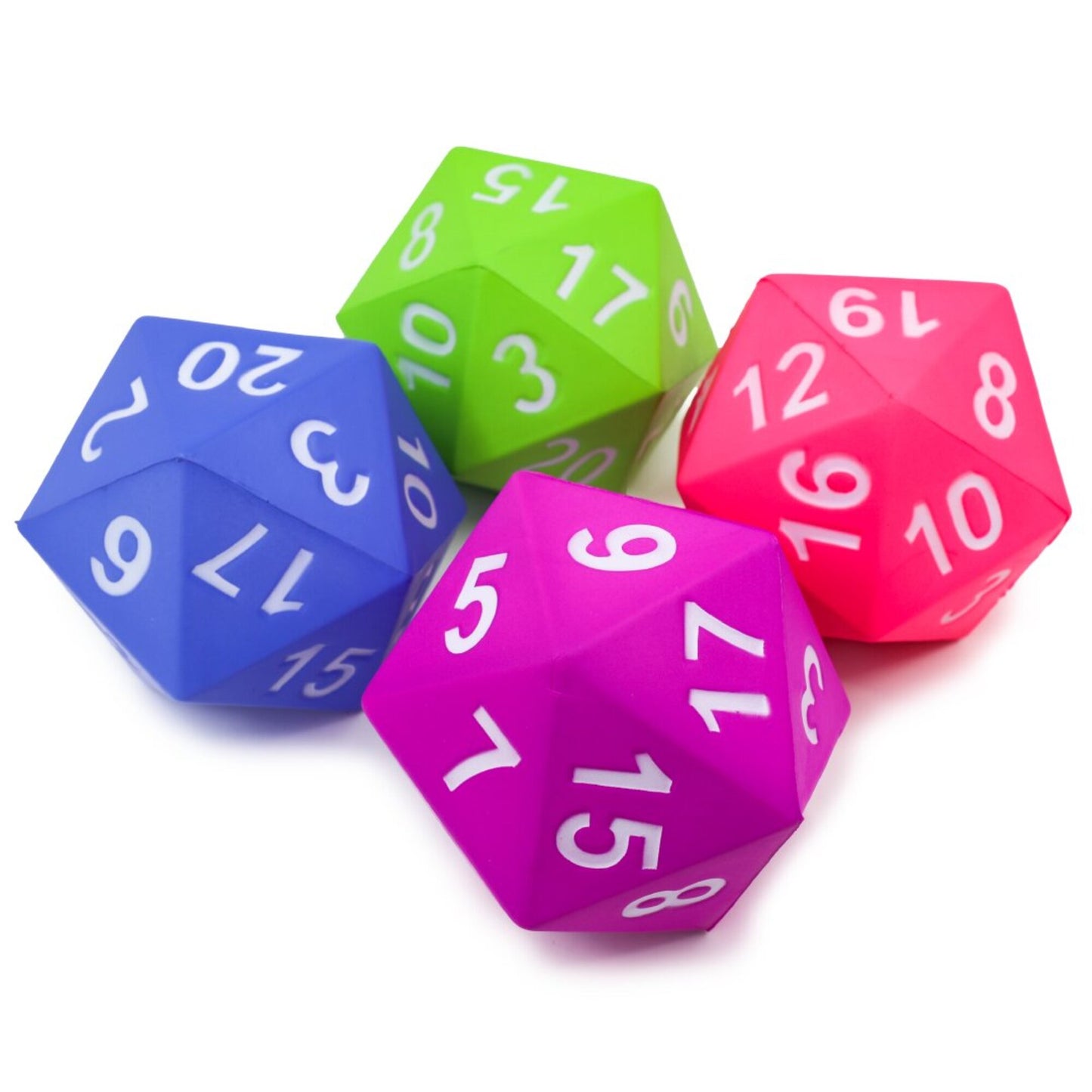 KESS Giant D20 Foam Dice set in blue, green, magenta, and pink with white numbers