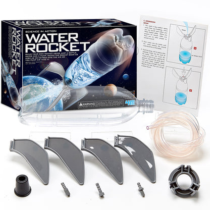 4M Water Rocket kit with bottle launcher, fins, tubing, and instruction manual displayed