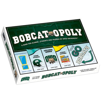 Bobcat-Opoly Ohio University board game box featuring green and white branding, game board with campus locations, age...