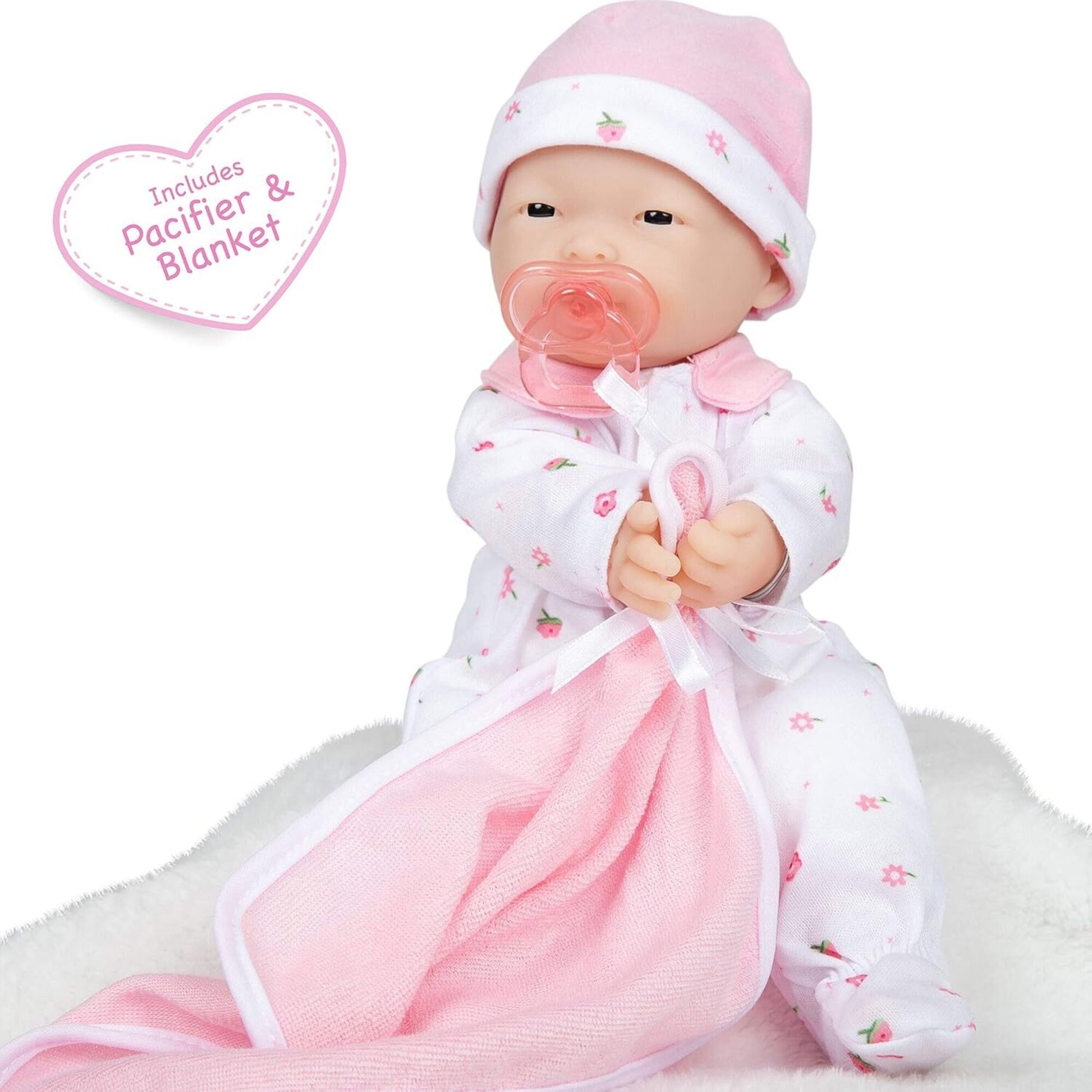 JC Toys La Baby Asian doll in pink outfit with pacifier and blanket included