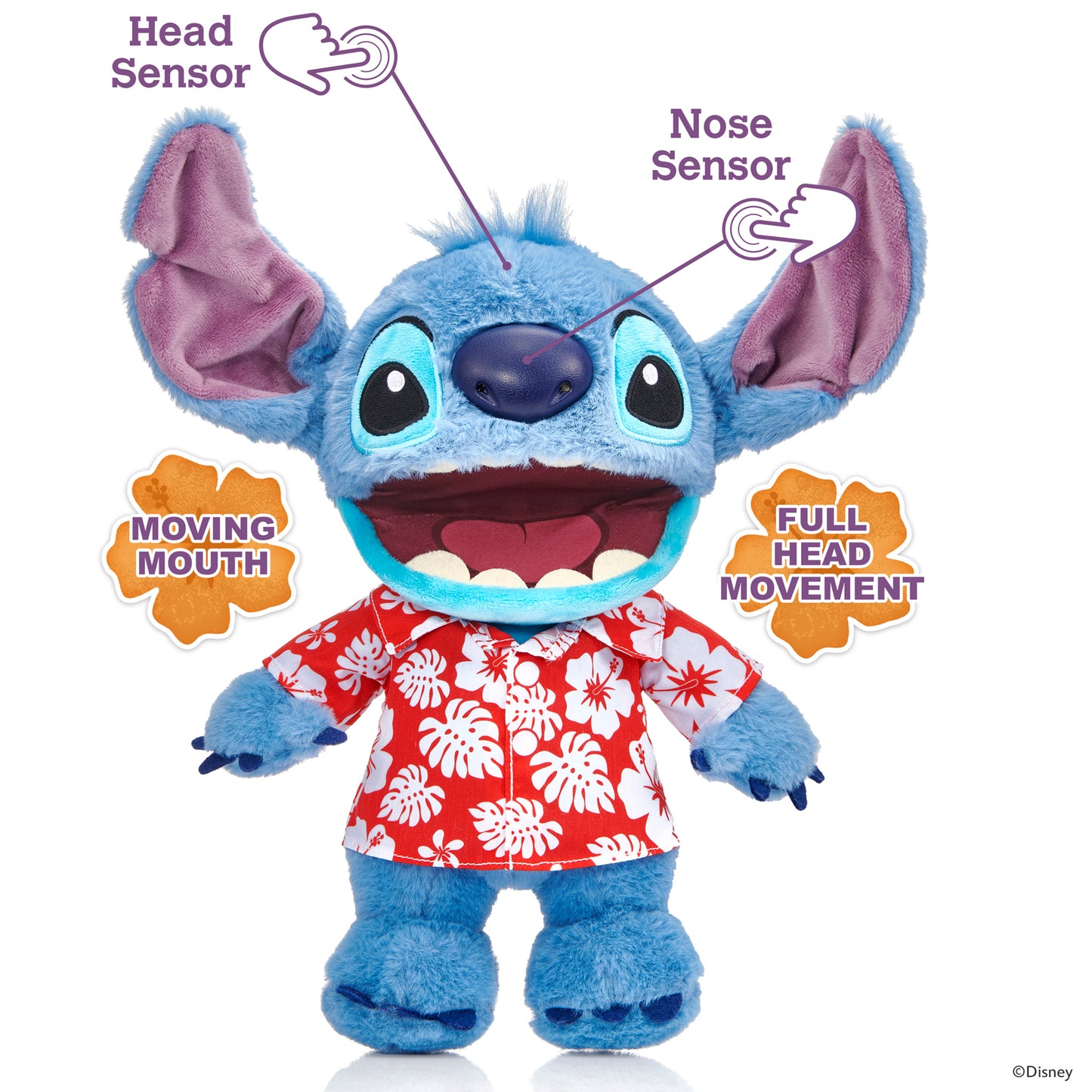 Disney Hawaiian Chatty Stitch Puppetronic blue plush toy with moving mouth and head sensors