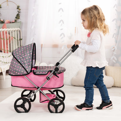 Bayer Design pink and grey polka dot doll pram with adjustable handle and shopping basket