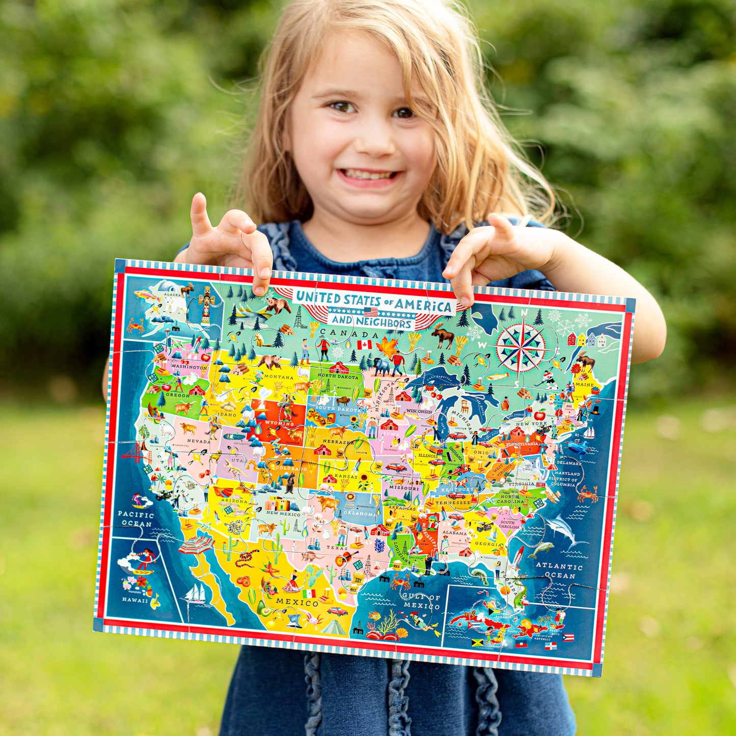 20 Piece Puzzle USA Map with colorful illustrated states and neighbors, featuring bright primary colors and education...