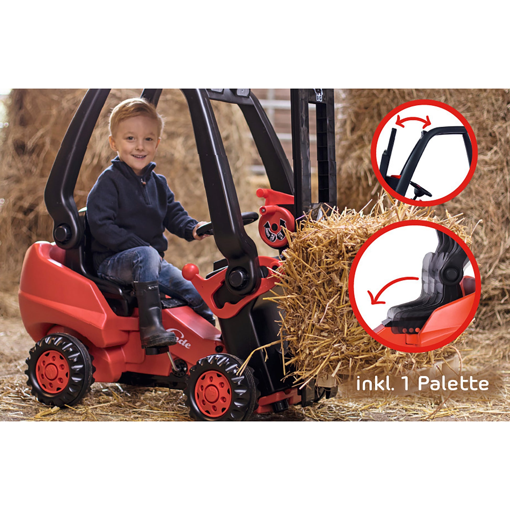 BIG Linde red forklift ride-on with working lift and palette