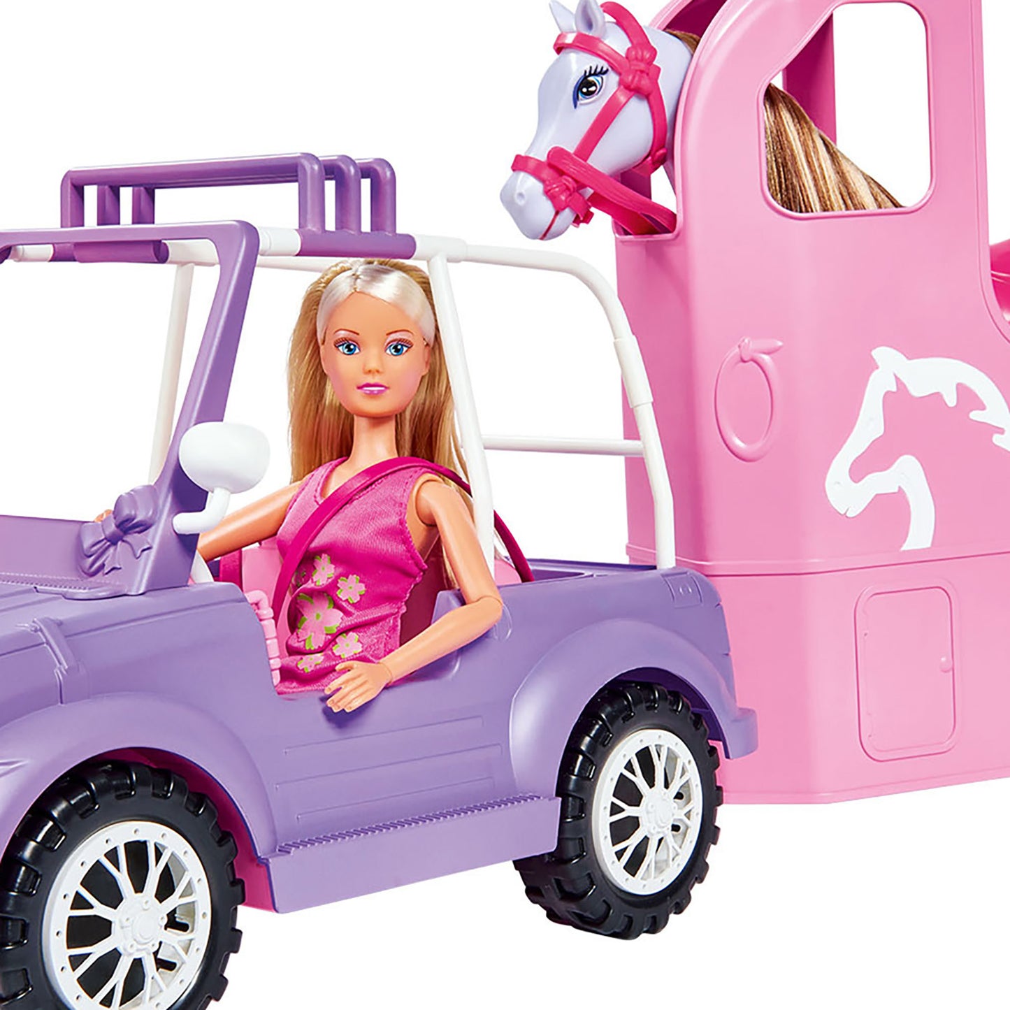 Steffi Love Horse Trailer with doll, purple truck, pink trailer, and white horse toy