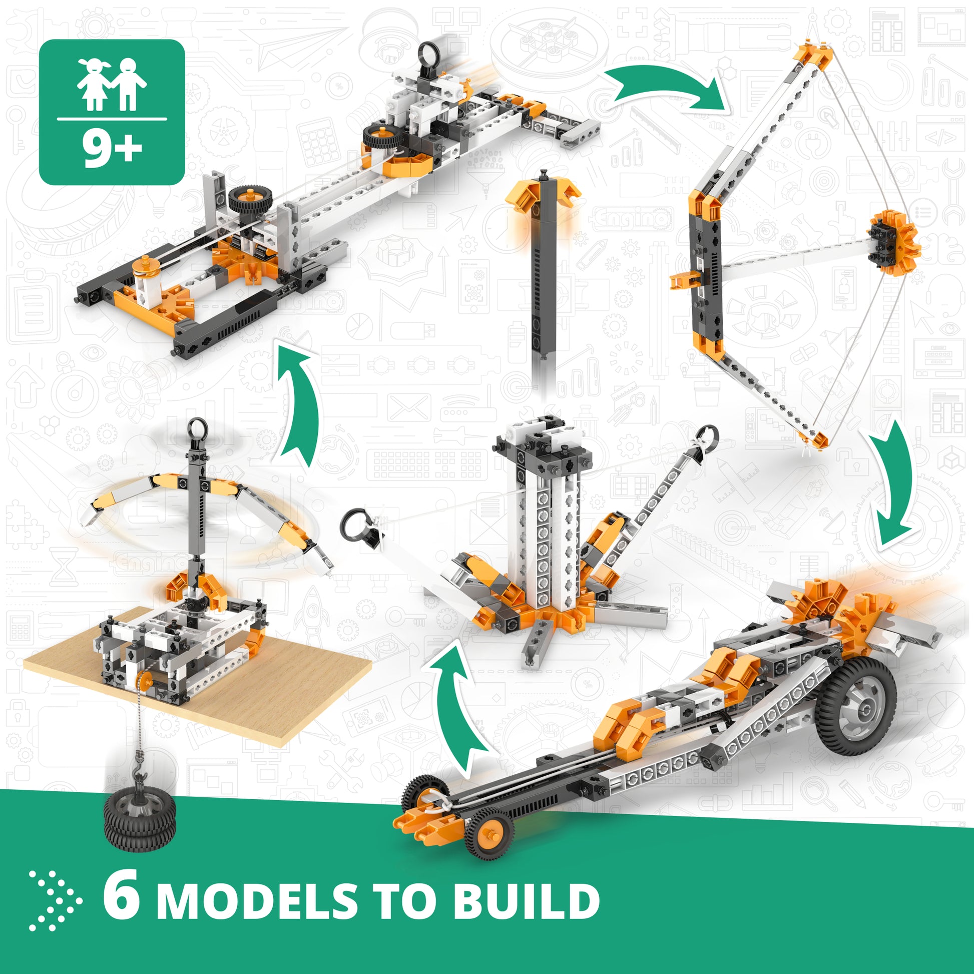 Engino STEM Physics building set with 6 models in orange and gray, ages 9+