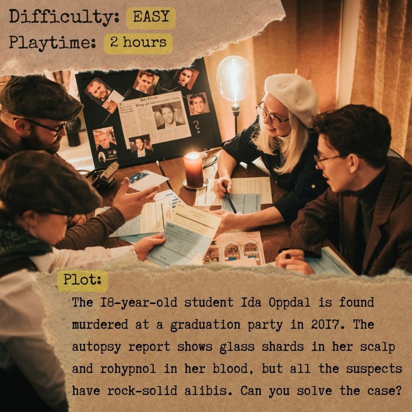 Detective For A Day murder mystery party game with players examining clues around table