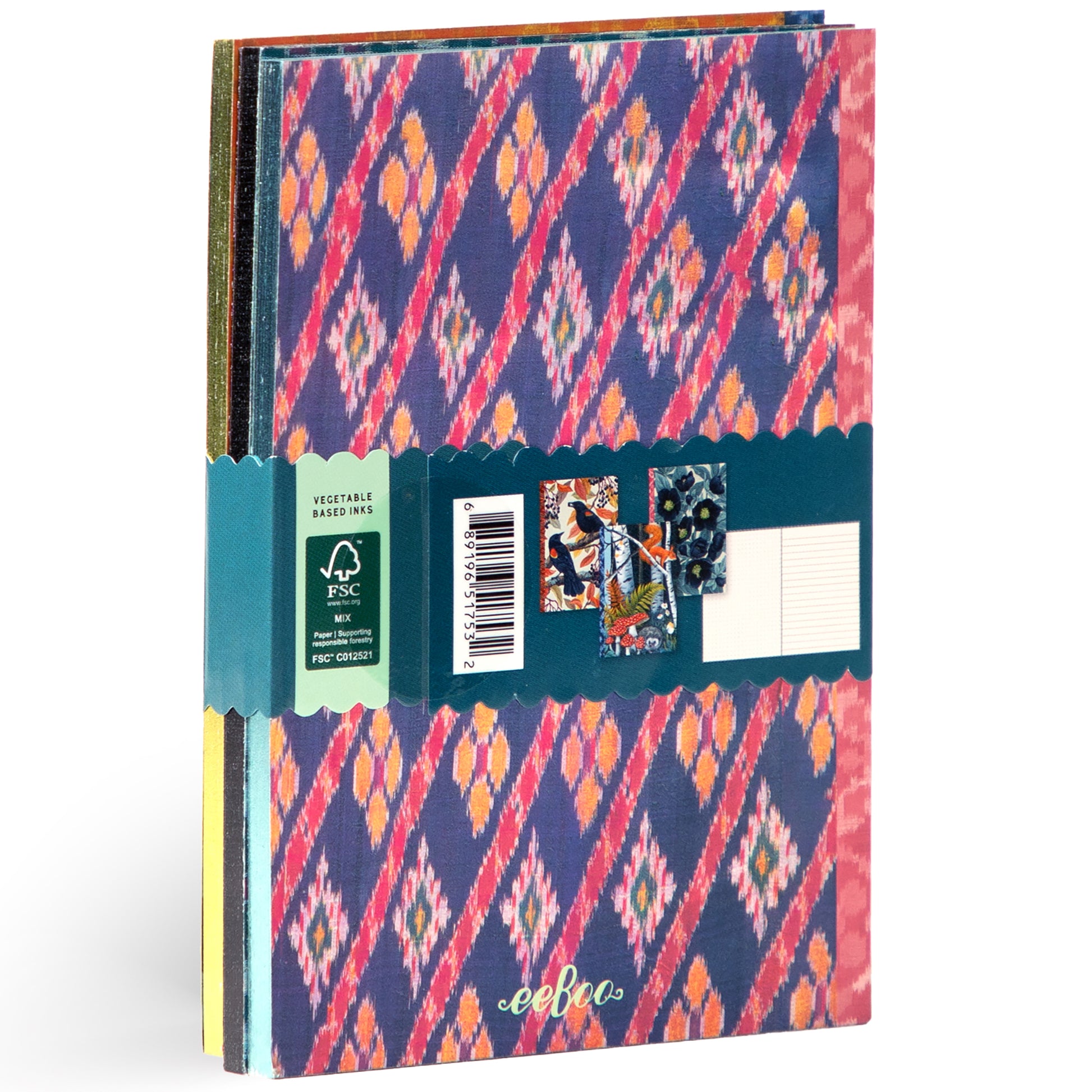 eeBoo Piece & Love Vasilisa 3-Notebook Set with colorful ikat pattern in navy, pink, and gold