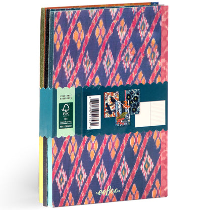 eeBoo Piece & Love Vasilisa 3-Notebook Set with colorful ikat pattern in navy, pink, and gold