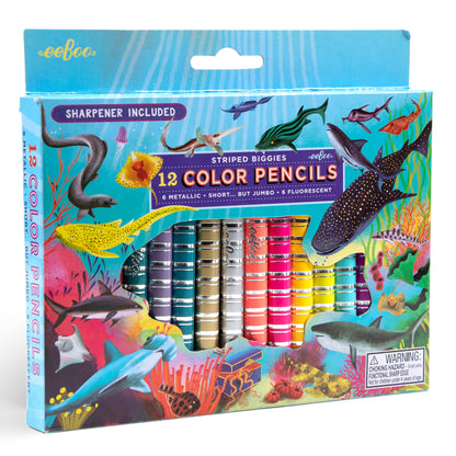 Eeboo Striped Biggies 12 Color Pencils set with shark ocean theme design and sharpener included