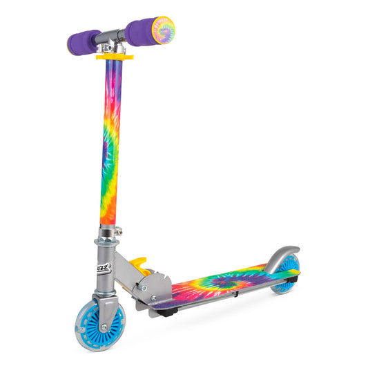 Tie-dye scooter with rainbow gradient deck, blue light-up wheels, purple handlebar grips with yellow accents, and foldable design