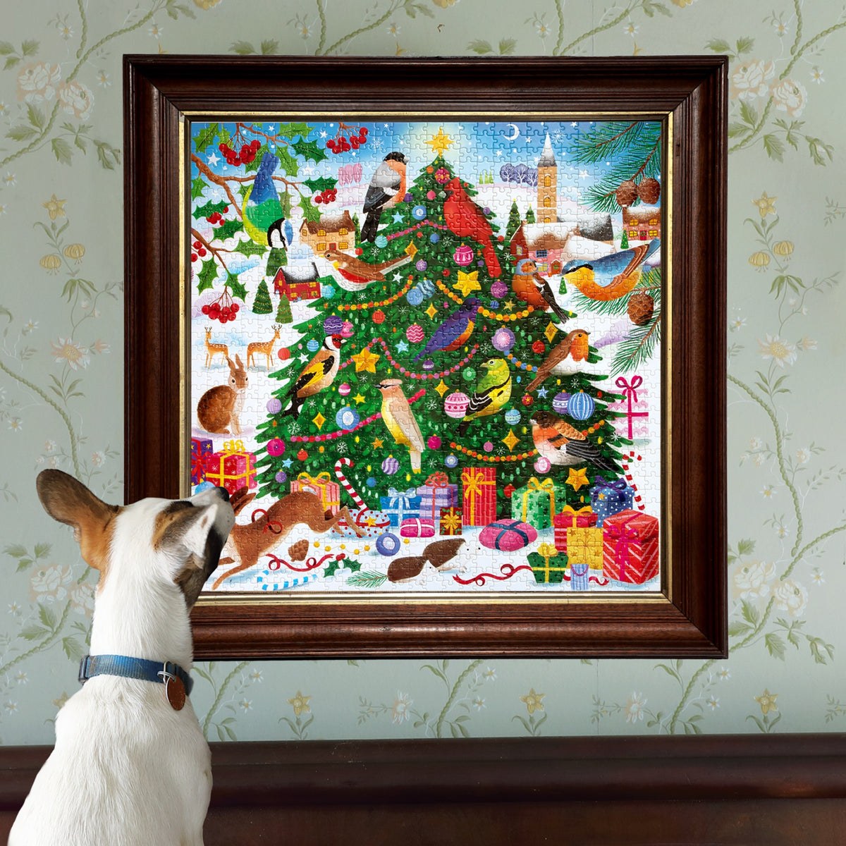 eeBoo Christmas Songbirds 1000-piece jigsaw puzzle featuring colorful songbirds perched on a decorated Christmas tree...
