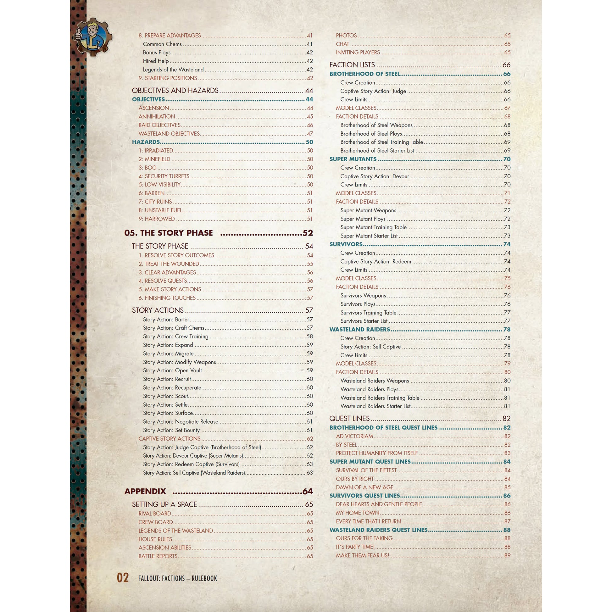 Fallout: Factions Core Rulebook table of contents page showing game rules and faction details