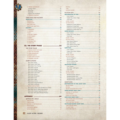 Fallout: Factions Core Rulebook table of contents page showing game rules and faction details