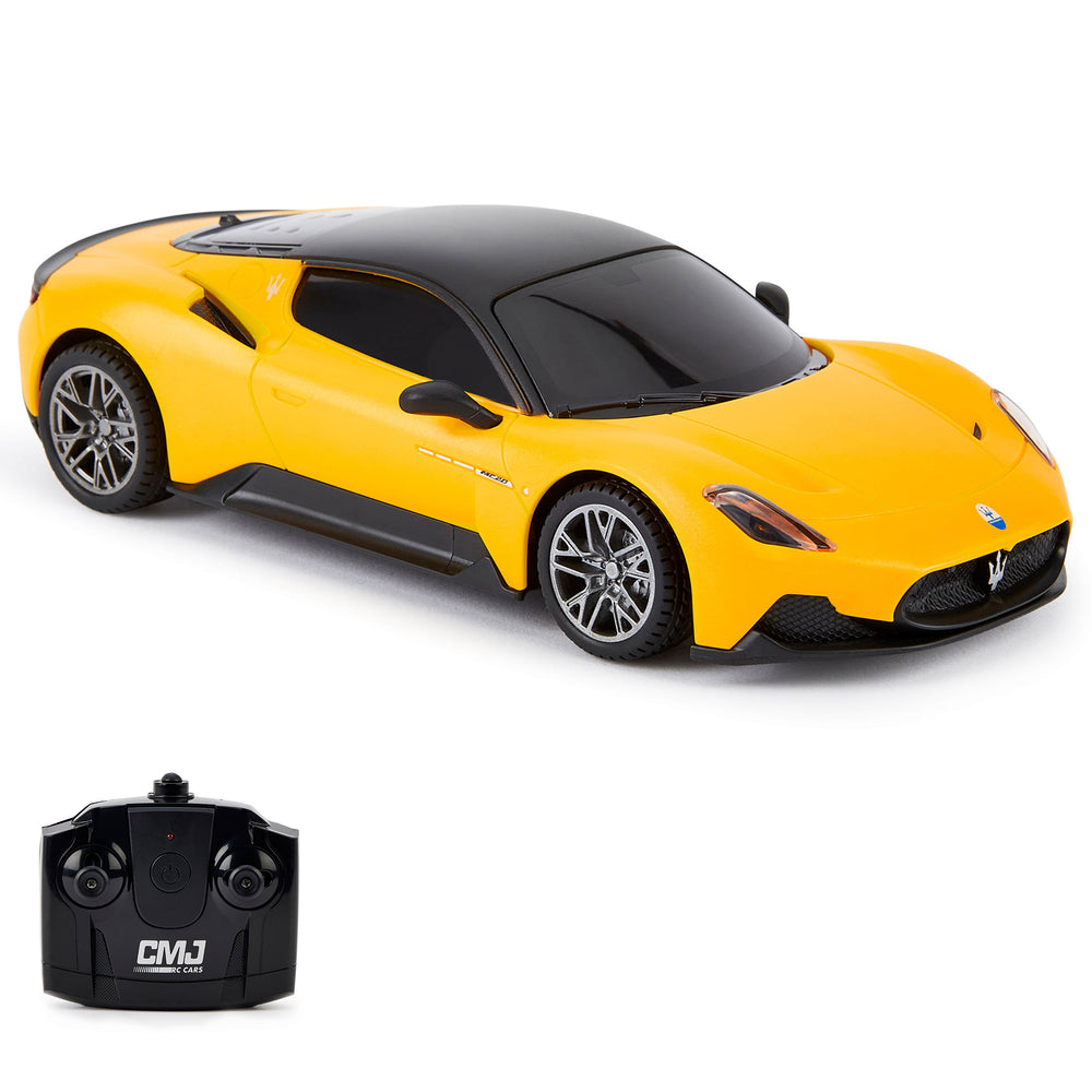 Yellow Maserati MC20 remote control sports car with black roof and silver wheels, displayed with black CMJ RC Cars controller below